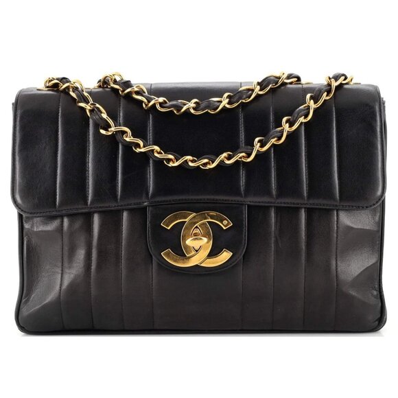 Authentic CHANEL Jumbo Flap Bag Lambskin Vertical Quilt Chain Shoulder Bag Black - Picture 1 of 13